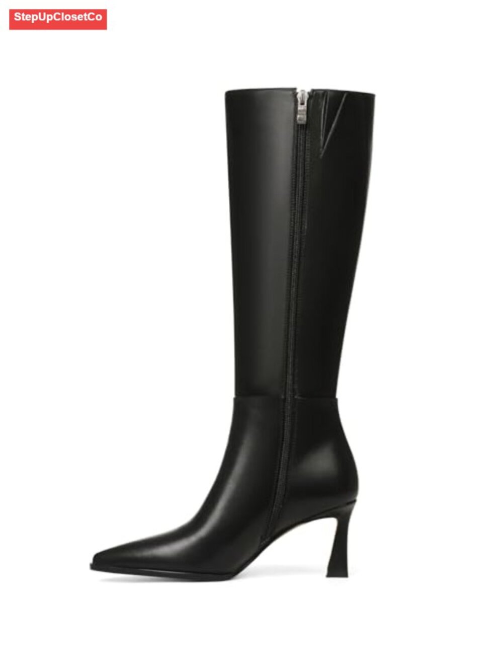 Kitten Heel Knee High Boots Pointed Toe Side Zipper Faux Leather Tall Boots - Picture 3 of 6
